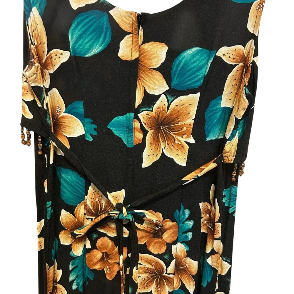 Vintage Y2K Maxi Dress 6‎ Black Tropical Floral Beaded Resort Beachwear Vacation
